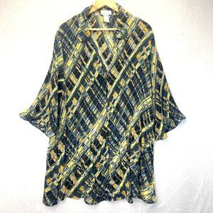 Womens Button Up Accordion Pleated Tunic Top Blouse 3X Blue Yellow Sheer Artsy